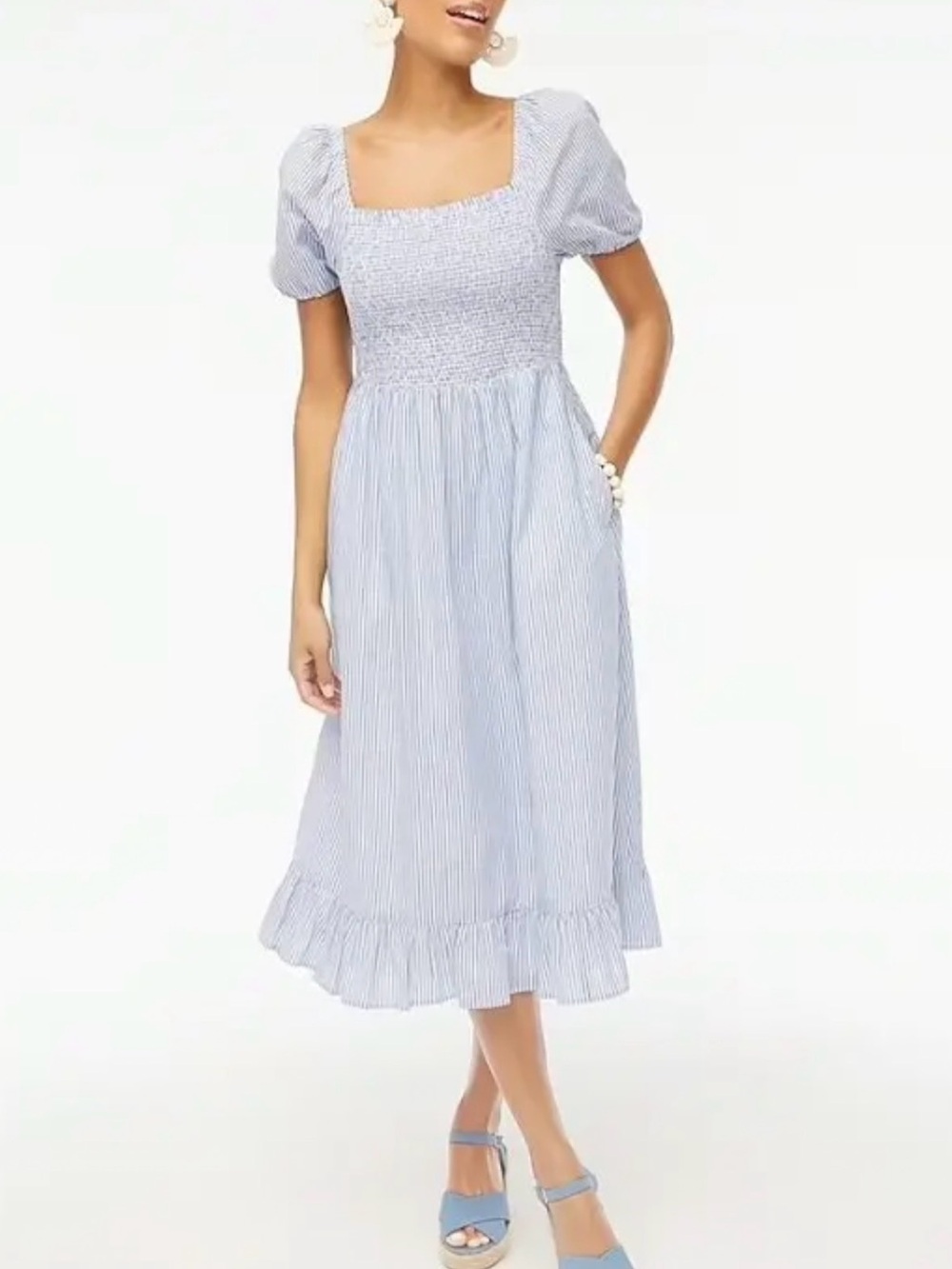 J Crew Women 3X Smocked Short Puff Sleeve Midi Dress Blue White Stripe Cotton